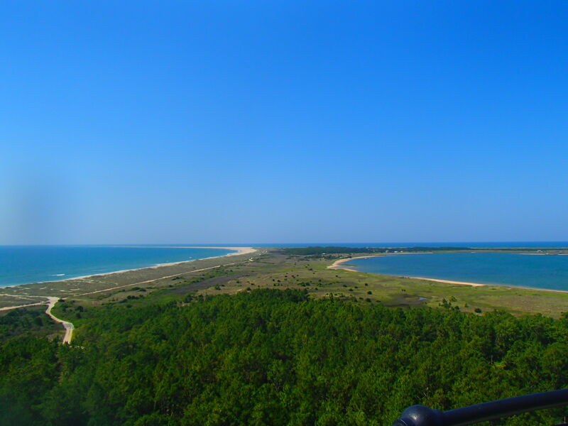 The image shows a coastal landscape with a clear blue sky above. A strip of land divides the ocean from a bay or lagoon. Lush green trees cover the foreground, contrasting with the sandy beach. The scene is captured from an elevated viewpoint, possibly a lighthouse or high ground, offering a panoramic view of the natural environment.